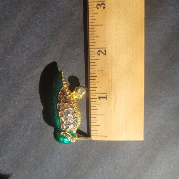 Vintage Gold-Tone & Green Enamel Bird Brooch With Rhinestone Accents 2 Inches Lo - Picture 5 of 5